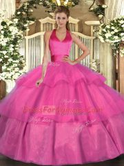 Tulle Halter Top Sleeveless Lace Up Ruffled Layers Sweet 16 Dresses in Fuchsia