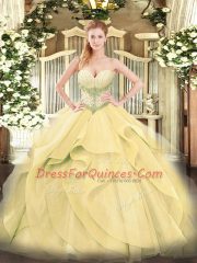 Sleeveless Tulle Floor Length Lace Up Quinceanera Gowns in Gold with Beading and Ruffles