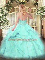 Sleeveless Tulle Floor Length Lace Up Quinceanera Gowns in Gold with Beading and Ruffles