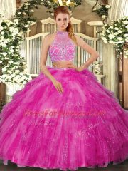 Suitable Floor Length Hot Pink Ball Gown Prom Dress Tulle Sleeveless Beading
