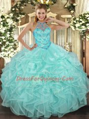 Apple Green Lace Up Halter Top Beading and Ruffles 15th Birthday Dress Organza Sleeveless