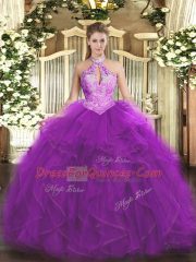 Exceptional Halter Top Sleeveless Lace Up Ball Gown Prom Dress Purple Organza