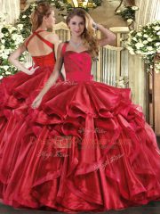 Spectacular Wine Red Quinceanera Dress Military Ball and Sweet 16 and Quinceanera with Ruffles Halter Top Sleeveless Lace Up