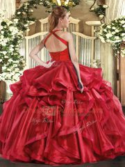 Spectacular Wine Red Quinceanera Dress Military Ball and Sweet 16 and Quinceanera with Ruffles Halter Top Sleeveless Lace Up