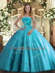 Simple Floor Length Aqua Blue 15 Quinceanera Dress Tulle Sleeveless Beading and Appliques and Ruffled Layers