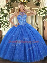 Best Selling Ball Gowns Sweet 16 Dresses Blue Halter Top Tulle Sleeveless Floor Length Lace Up