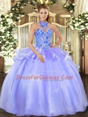 Sleeveless Organza Floor Length Lace Up Sweet 16 Dress in Lavender with Embroidery