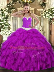 Discount Purple Sleeveless Floor Length Appliques and Ruffles Lace Up Ball Gown Prom Dress
