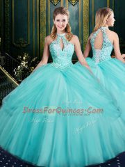 Modest Aqua Blue Tulle Lace Up Halter Top Sleeveless Floor Length Quince Ball Gowns Beading and Pick Ups