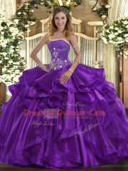 Purple Strapless Neckline Beading and Ruffles Sweet 16 Dresses Sleeveless Lace Up