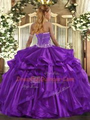 Purple Strapless Neckline Beading and Ruffles Sweet 16 Dresses Sleeveless Lace Up