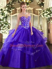 Unique Purple Tulle Lace Up Sweet 16 Dress Sleeveless Floor Length Embroidery and Ruffled Layers