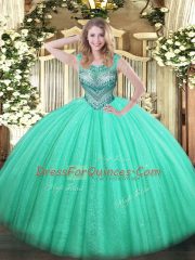 Free and Easy Turquoise Tulle and Sequined Lace Up Scoop Sleeveless Floor Length Sweet 16 Dress Beading