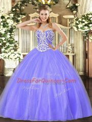 Best Floor Length Lavender 15th Birthday Dress Tulle Sleeveless Beading