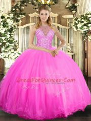 Enchanting Rose Pink Halter Top Lace Up Beading 15 Quinceanera Dress Sleeveless