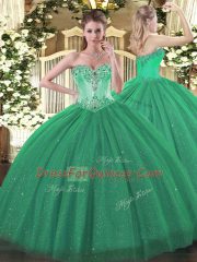 Turquoise Ball Gowns Tulle and Sequined Sweetheart Sleeveless Beading Floor Length Lace Up Quinceanera Dress