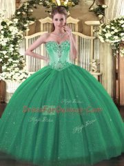 Turquoise Ball Gowns Tulle and Sequined Sweetheart Sleeveless Beading Floor Length Lace Up Quinceanera Dress