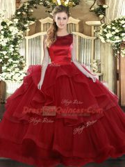 Amazing Wine Red Quince Ball Gowns Military Ball and Sweet 16 and Quinceanera with Ruffled Layers Scoop Sleeveless Lace Up