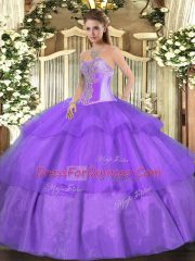 Romantic Lavender Ball Gowns Tulle Sweetheart Sleeveless Beading and Ruffled Layers Floor Length Lace Up Quinceanera Gowns