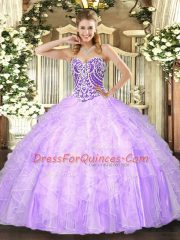 Floor Length Lavender Ball Gown Prom Dress Tulle Sleeveless Beading and Ruffles