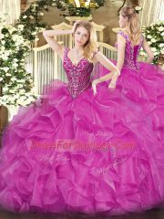 Attractive Fuchsia Lace Up 15 Quinceanera Dress Beading and Ruffles Long Sleeves Floor Length
