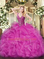 Attractive Fuchsia Lace Up 15 Quinceanera Dress Beading and Ruffles Long Sleeves Floor Length