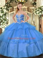 Shining Ball Gowns Quinceanera Gowns Blue Sweetheart Tulle Sleeveless Floor Length Lace Up