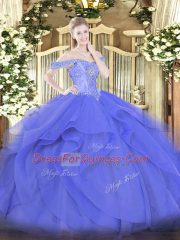 Customized Blue Tulle Lace Up Off The Shoulder Sleeveless Floor Length 15 Quinceanera Dress Beading and Ruffles