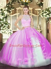 Lilac Tulle Zipper Scoop Sleeveless Floor Length Sweet 16 Dresses Lace and Ruffles