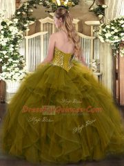 Floor Length Lace Up Quinceanera Gowns Olive Green for Military Ball and Sweet 16 and Quinceanera with Beading