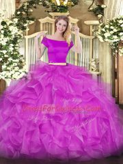 Extravagant Fuchsia Organza Zipper Ball Gown Prom Dress Short Sleeves Floor Length Appliques and Ruffles