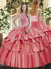 Coral Red High-neck Lace Up Beading and Ruffled Layers Quinceanera Dress Sleeveless