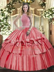 Coral Red High-neck Lace Up Beading and Ruffled Layers Quinceanera Dress Sleeveless