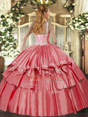 Coral Red High-neck Lace Up Beading and Ruffled Layers Quinceanera Dress Sleeveless