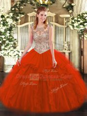 Floor Length Red Quinceanera Gowns Tulle Sleeveless Beading and Ruffles