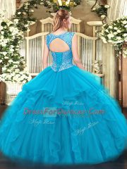 Floor Length Red Quinceanera Gowns Tulle Sleeveless Beading and Ruffles