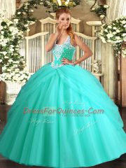Apple Green Sleeveless Beading and Pick Ups Floor Length Quince Ball Gowns