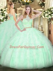 Lace and Ruffles Ball Gown Prom Dress Apple Green Zipper Sleeveless Floor Length
