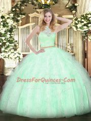 Lace and Ruffles Ball Gown Prom Dress Apple Green Zipper Sleeveless Floor Length
