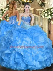Fantastic Beading and Ruffles 15th Birthday Dress Baby Blue Lace Up Sleeveless Floor Length
