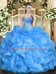 Fantastic Beading and Ruffles 15th Birthday Dress Baby Blue Lace Up Sleeveless Floor Length