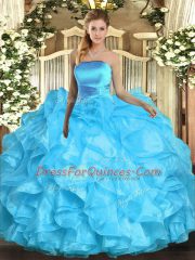 Custom Designed Strapless Sleeveless Vestidos de Quinceanera Floor Length Ruffles Aqua Blue Organza