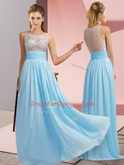 Aqua Blue Empire Beading Prom Dresses Side Zipper Chiffon Sleeveless Floor Length