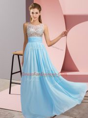 Aqua Blue Empire Beading Prom Dresses Side Zipper Chiffon Sleeveless Floor Length