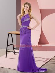 Floor Length Purple Evening Dress Chiffon Sweep Train Sleeveless Beading