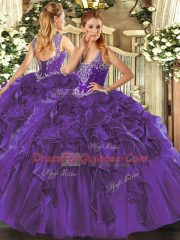 Fantastic Purple Sleeveless Floor Length Beading and Ruffles Lace Up Quinceanera Dresses