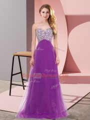 Luxurious Purple Empire Sweetheart Sleeveless Tulle Floor Length Lace Up Beading Prom Gown