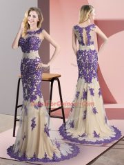 Champagne Evening Dress Tulle Sweep Train Sleeveless Beading and Appliques