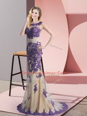 Champagne Evening Dress Tulle Sweep Train Sleeveless Beading and Appliques