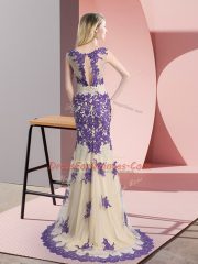 Champagne Evening Dress Tulle Sweep Train Sleeveless Beading and Appliques